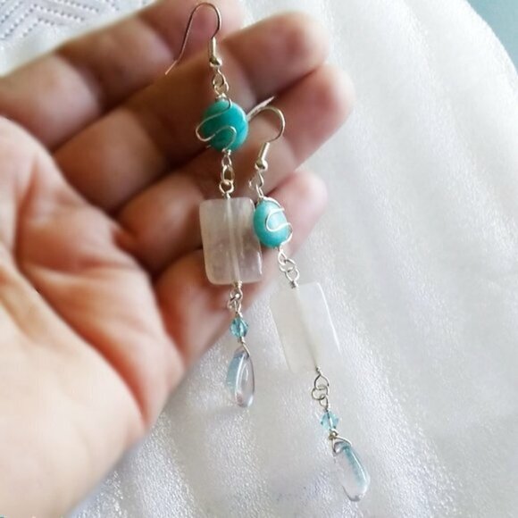 Frosted Quartz Rock Crystal + Aqua Jade Extra Long Wire Wrapped Dangle Earrings - Picture 2 of 6